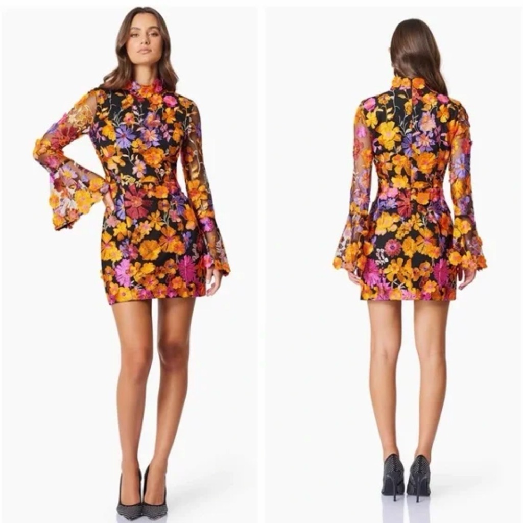 Alessandra Floral Long Sleeve Mini Dress In Orange